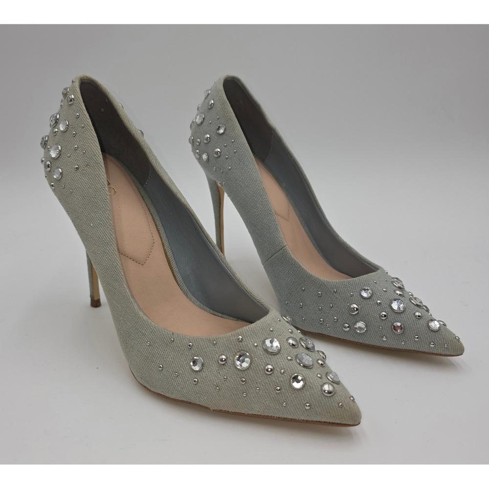 Aldo Light Wash Denim Rhinestone Studded Pointed Toe Stiletto Pumps Size 8.5 - Picture 1 of 9